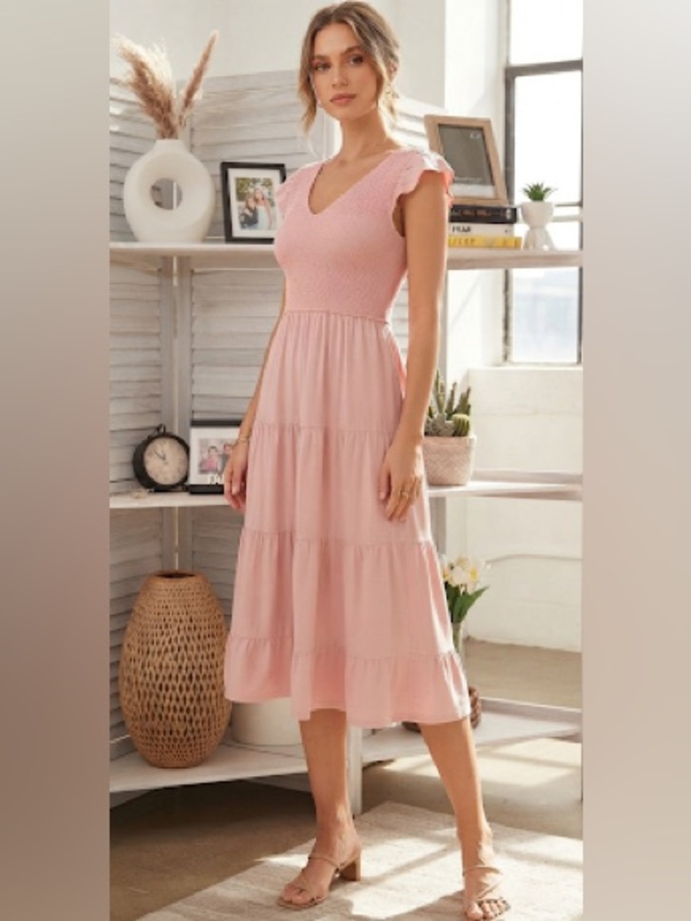 Smocked V-Neck Pink Tiered Maxi Dress - Women's Summer Style